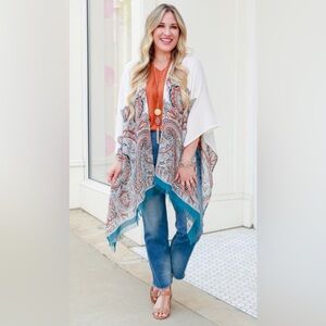 J Jill Womens Geometric‎ Paisley Ruana Cover Top One Size Frayed Hem Flowy Shawl
